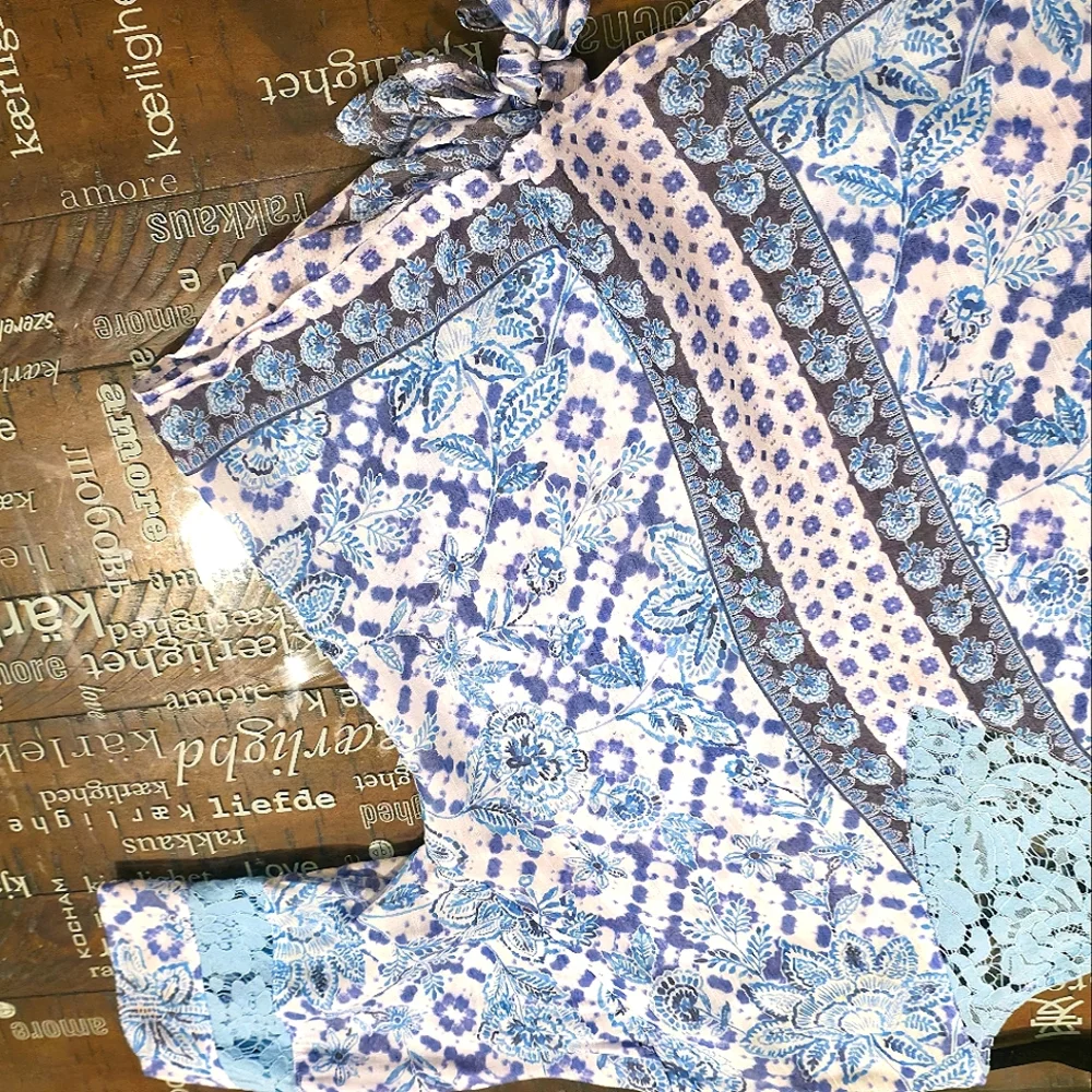 Zac & Rachel Tie Front Top Petite XL gauze and lace crochet top blue and white - Picture 3 of 6